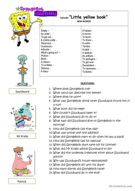 Spongebob / Little Yellow Book / Vid…: English ESL worksheets pdf & doc