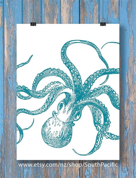 Octopus Prints Aqua Blue Tentacles Kraken Nautical Art Set of - Etsy