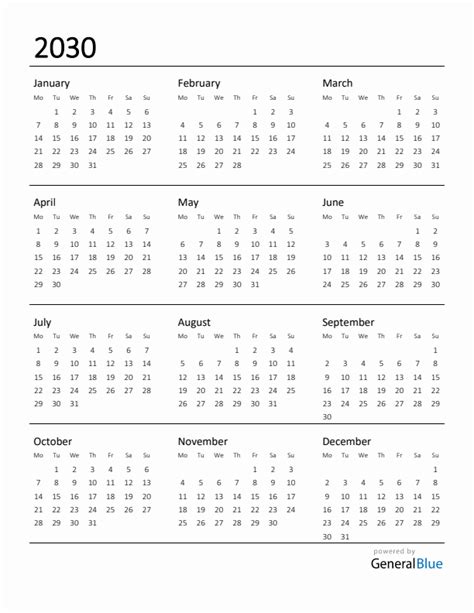 2030 Yearly Calendar Templates with Monday Start