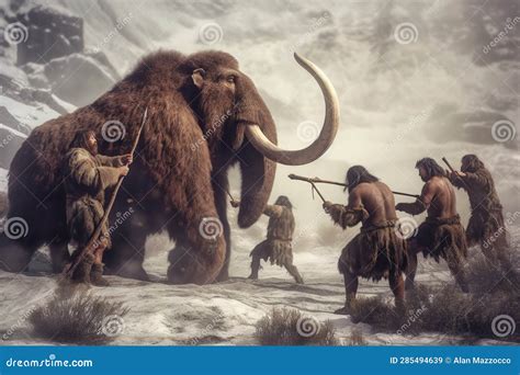 Group of Neanderthal Cavemen Hunting a Mammoth, Stone Age Humans Stock ...