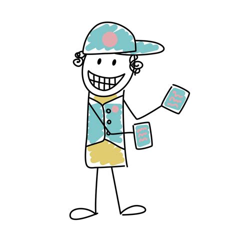 Funny cartoon doodle simple character in uniform handing out flyers ...