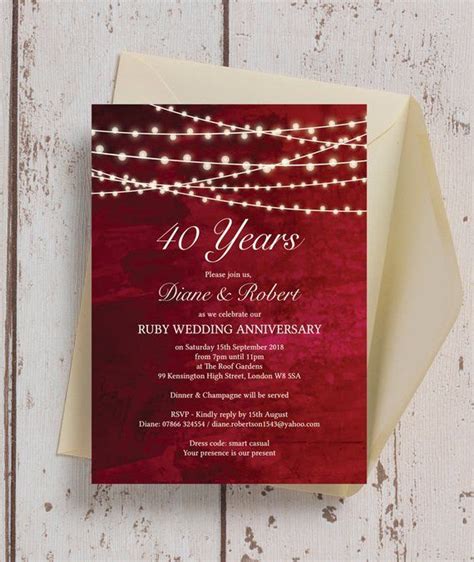 Personalised Ruby Red With Fairy Lights Wedding Anniversary 25th 30th 40th 50th 60th Invitations ...