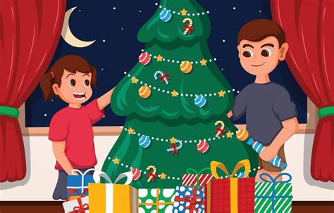 Brother and Sister Decorating Christmas Tree 3459890 Vector Art at Vecteezy