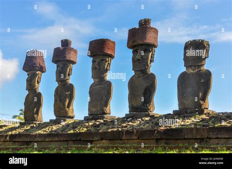 Moai statues standing on Anakena Beach in Easter Island, Chile Stock Photo - Alamy