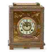 New Haven Aesthetic movement shelf clock with inset Chelsea art pottery tiles marked J. J. G ...