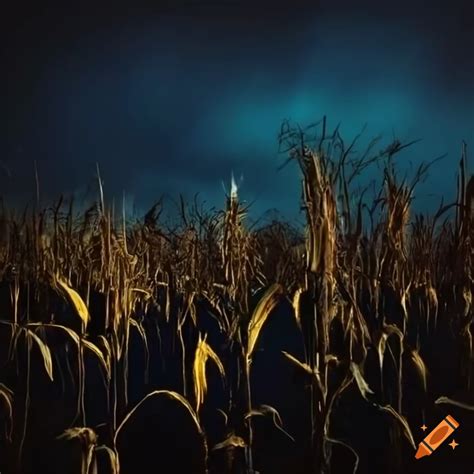 Aerial view of a dark corn field at night