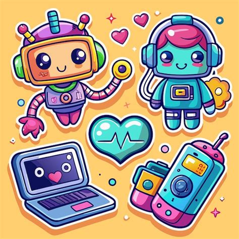 Cute cartoon robot characters and tech objects with hearts on a yellow background | Premium AI ...