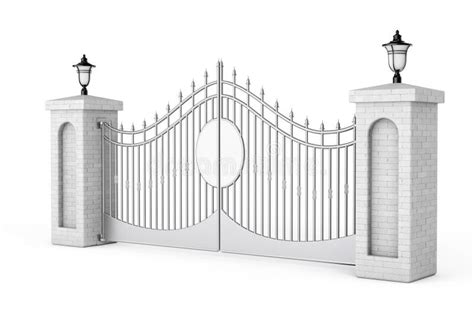 Decorative Steel Gate with Brick Pillars and Lights. 3d Rendering Stock ...