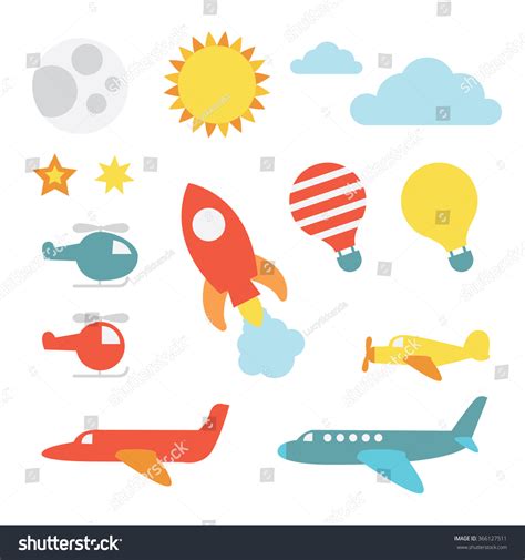 Set Flying Vehicles Sky Elements Stock Vector (Royalty Free) 366127511 ...