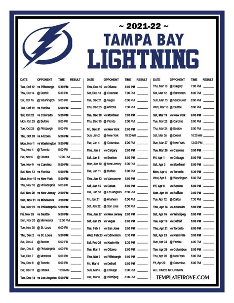 Printable 2021-2022 Tampa Bay Lightning Schedule