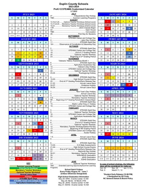 Duplin County Schools Calendar 2024 (North Carolina)