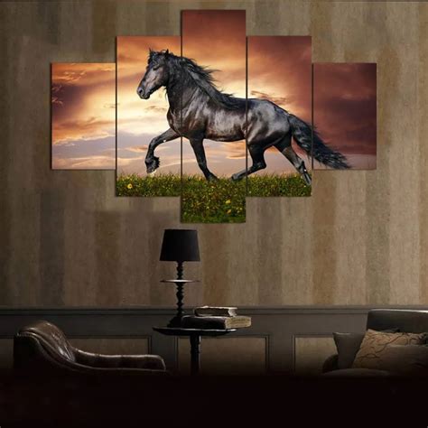 Posters 5 Panels Black stallion Horse Canvas Art Wall Pictures for Living Room Home Decor with ...