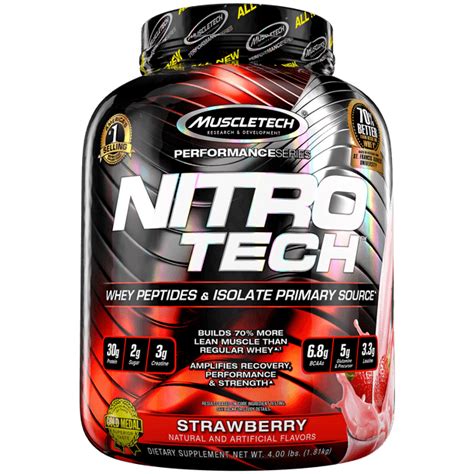 NitroTech Protein Powder Plus Muscle Builder, 100% Whey Protein with Whey Isolate, Strawberry ...