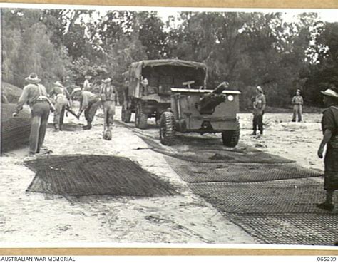 PORT DOUGLAS, QLD. 1944-03-17. AN ARMY TRUCK TOWING A 25 POUNDER GUN OVER WIRE MESH MATS LAID ON ...