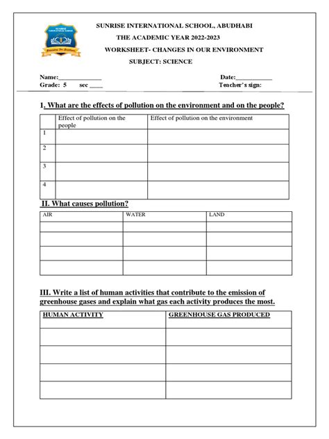 Worksheet - Changes in Our Environment | PDF