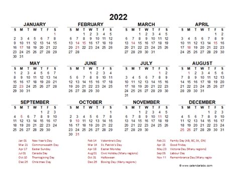 Canada Calendar 2022 Free Printable Pdf Templates | Images and Photos finder