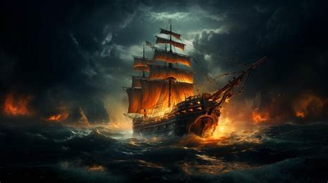 Premium AI Image | Sailing old ship in storm sea in the dark night