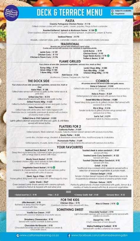 Menu at California Dreaming restaurant, Durban, 150 Marine Parade