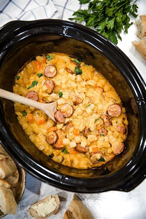 Cheesy Slow Cooker Smoked Sausage Potatoes – Must Love Home