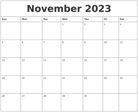 November 2023 Print Blank Calendar