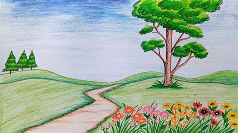 How to draw scenery of flower garden step by step (very easy) - YouTube