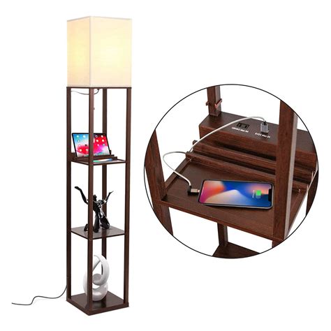 Brightech Maxwell Standing Tower Floor Lamp with Shelves and USB Port, Brown | Walmart Canada