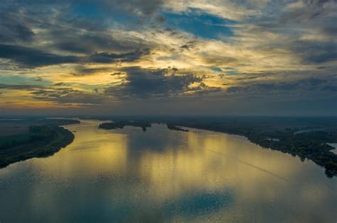 Premium Photo | Sunset on danube river aerial view