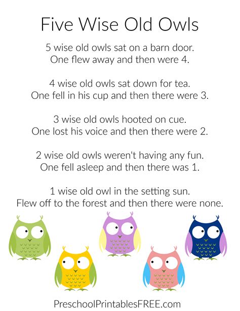 5 Wise Old Owls Poem – Free Preschool Printables