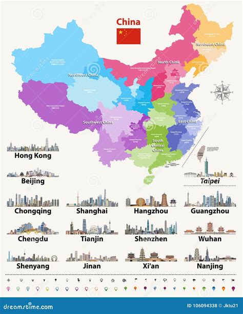 Vector Map of China Provinces Colored by Regions with Largest City Skylines. Stock Vector ...