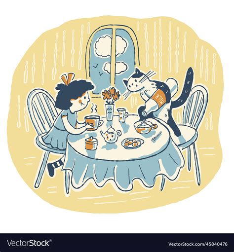 A girl and cat are drinking tea Royalty Free Vector Image