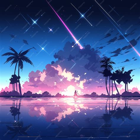 Premium Photo | Anime landscape with palm trees and shooting stars ...