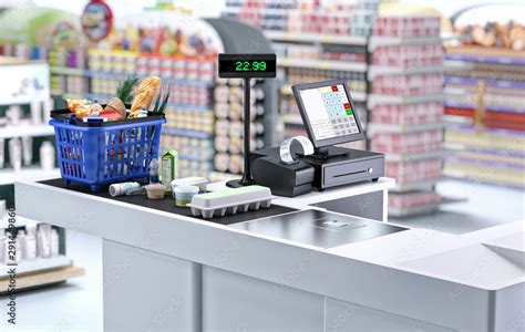 Supermarket cashier checkout work place with card payment terminal, order screen, shopping ...