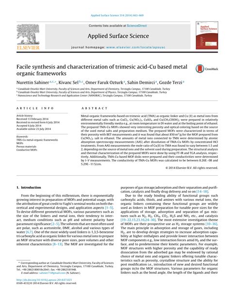 (PDF) Facile synthesis and characterization of trimesic acid-Cu based metal organic frameworks