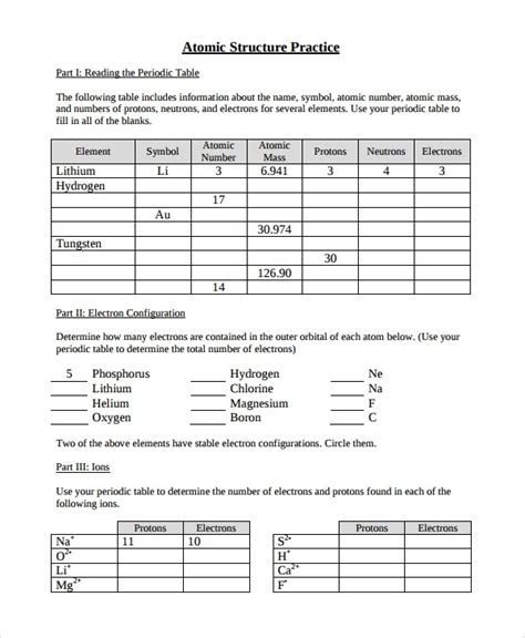 Atomic Structure Practice Worksheets