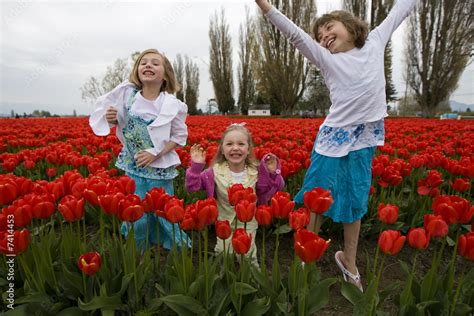 Kids Playing in Red Flowers Stock Photo | Adobe Stock