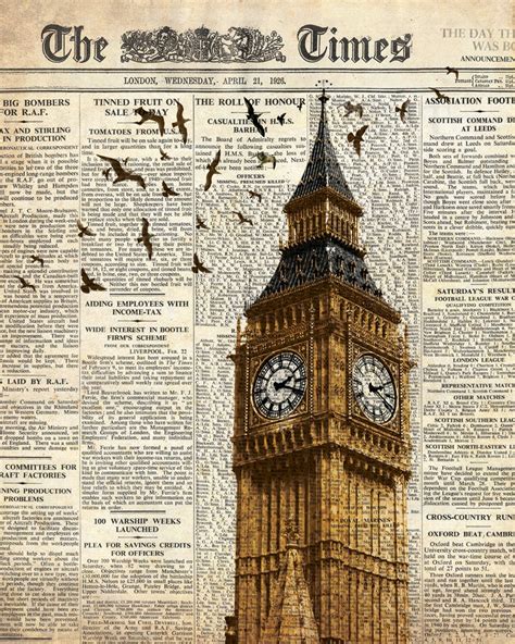 Big Ben and birds on newspaper. London. Wall art decoration