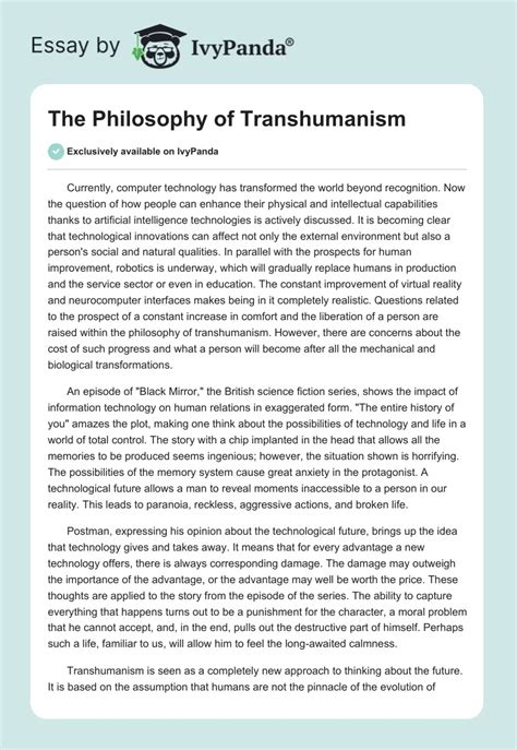 The Philosophy of Transhumanism - 901 Words | Essay Example