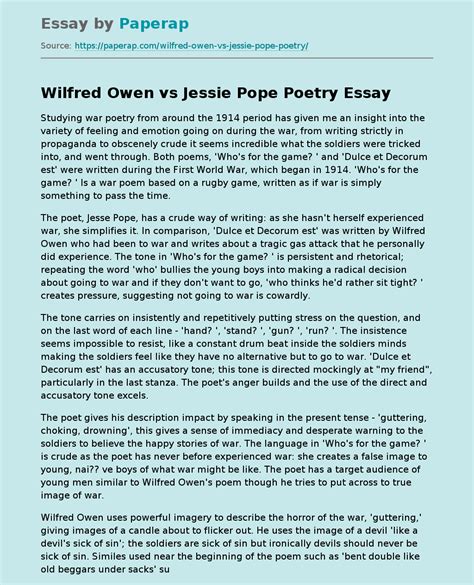 Wilfred Owen vs Jessie Pope Poetry Free Essay Example