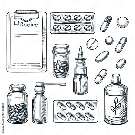 Pharmacy, medicine and healthcare vector sketch illustration. Pills, drugs, bottles ...