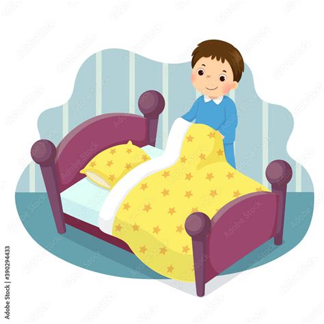 Vector illustration cartoon of a little boy making the bed. Kids doing housework chores at home ...