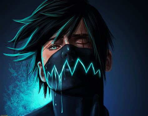 Download Anime Boy Gaming With Neon Blue Mask Wallpaper | Wallpapers.com