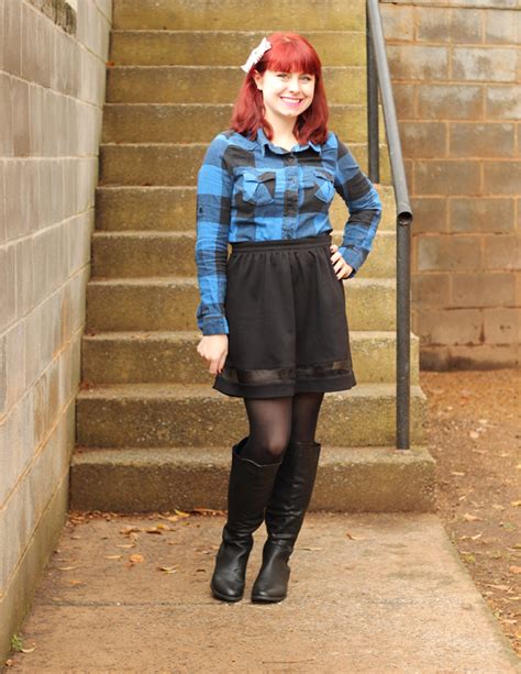 Blue Buffalo Plaid Flannel, Black A-line Skirt, & Knee High Boots