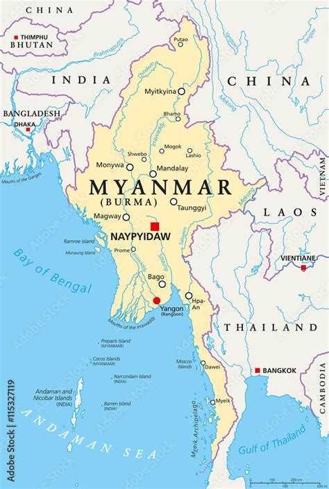 Vektorová grafika „Myanmar political map with capital Naypyidaw, national borders, important ...