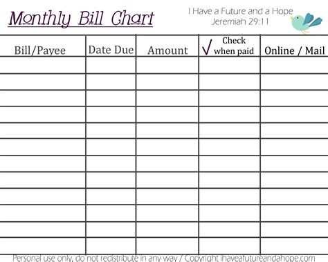 Downloadable Monthly Bill Chart | Example Calendar Printable