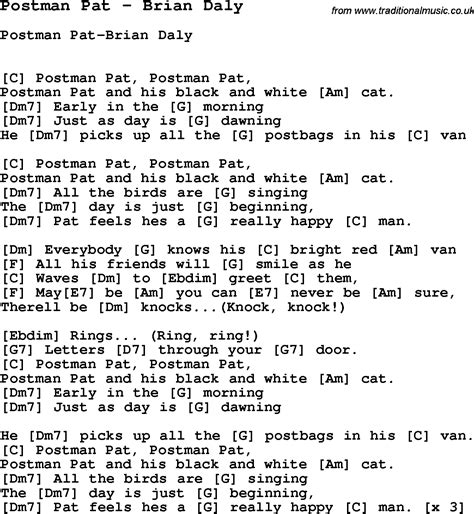 Song Postman Pat by Brian Daly, song lyric for vocal performance plus accompaniment chords for ...