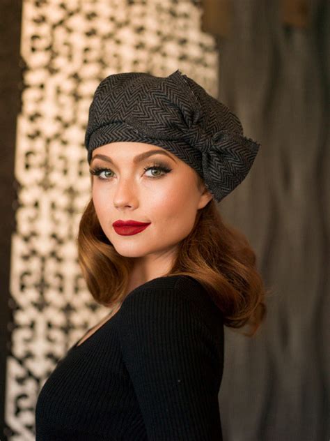 Beret Hat Bow Grey & Black Chevron Striped Wool Beret French - Etsy