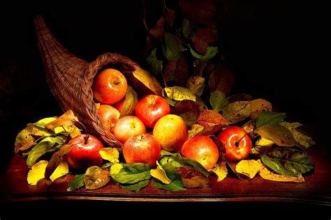 HD wallpaper: cornucopia, apples, autumn, red, yellow, still life, food ...