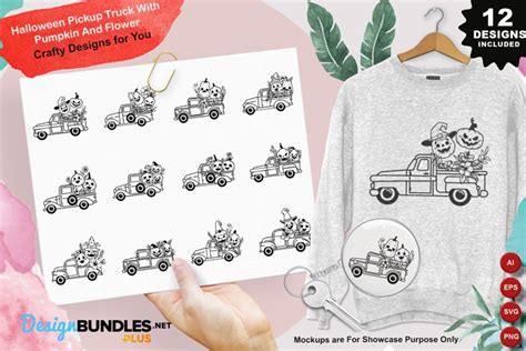 Halloween Pickup Truck With Pumpkin And Flower Clipart Set