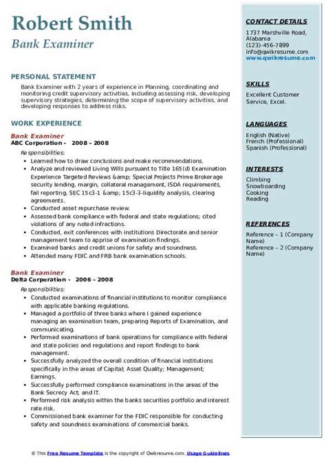 Bank Examiner Resume Samples | QwikResume