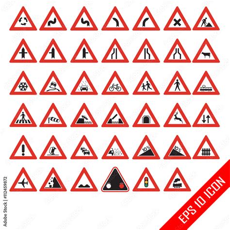 Warning road signs. Set of triangular warning symbols. Traffic-Road Sign Collection. Traffic ...